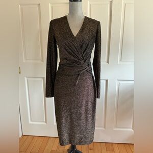 Calvin Klein Metallic Bronze Twist-Front Long Sleeve Dress
